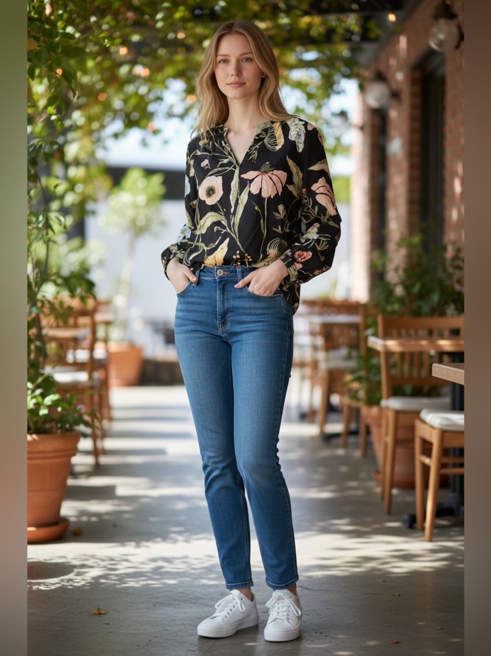 H&M Black Floral V-Neck Long Sleeve Blouse
